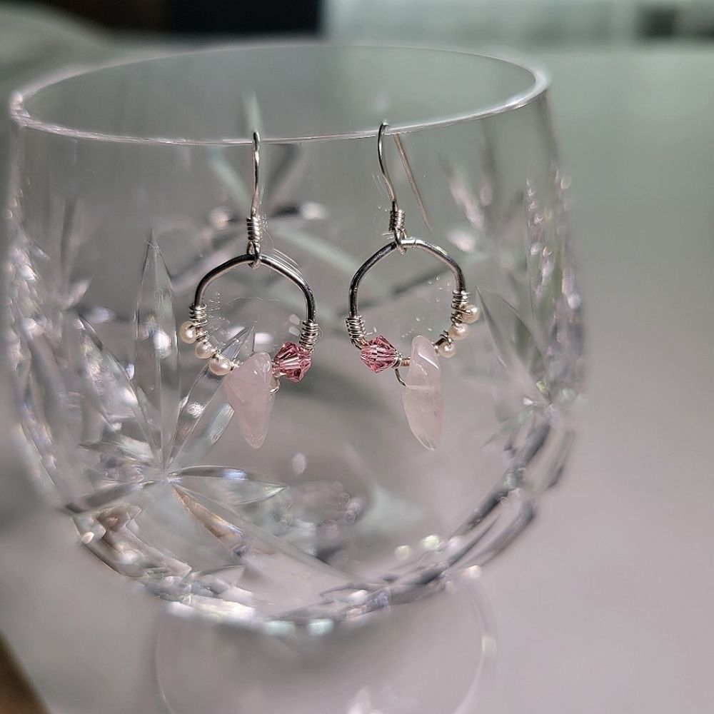 NWT Loot & Love 925 Sterling Silver Earrings Pearl Rose Quartz Crystal